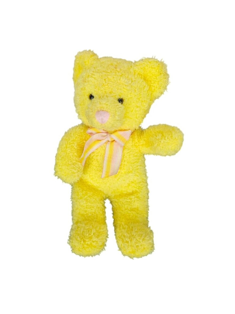 Yellow Teddy Bear Plush By Russ Berrie With Pink Nose & Plaid Bow Stuffed Animal